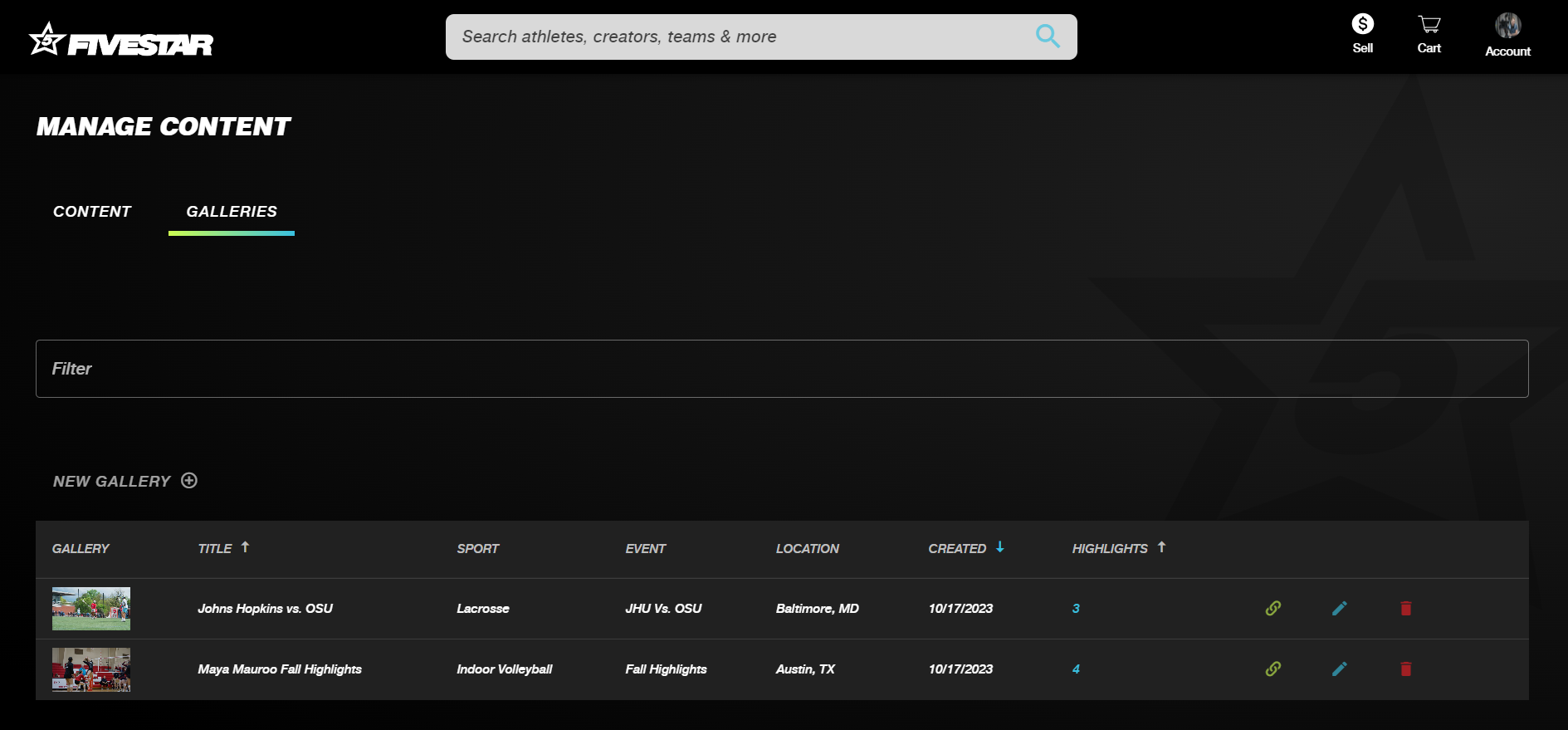 Gallery management screen