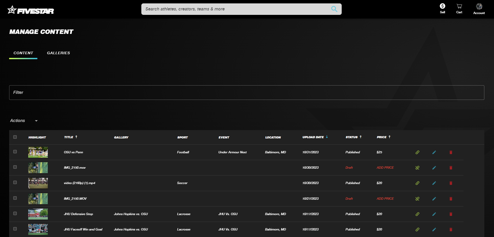 Manage content screen
