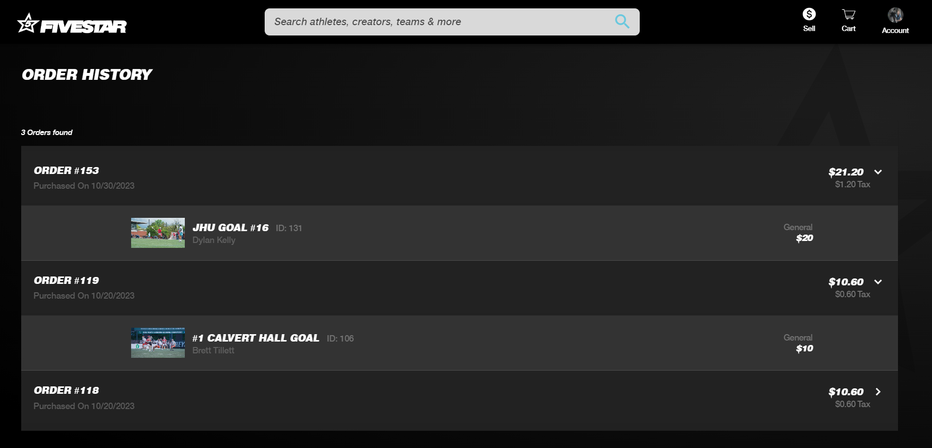 The order history page